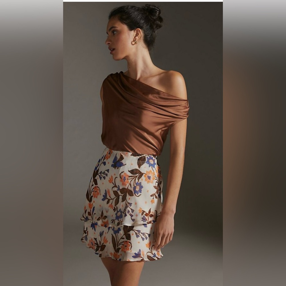 Anthropologie Floral Layered Flounce Mini Skirt Size L EUC